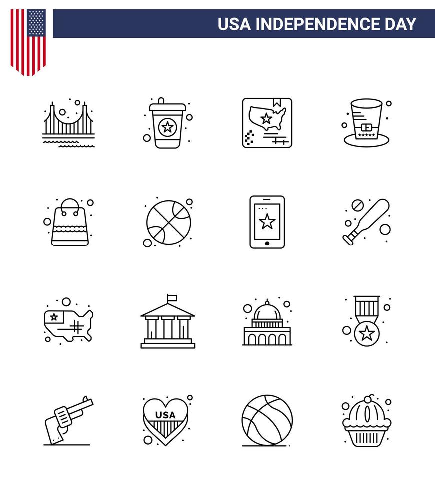 pack d'icônes vectorielles stock de jour américain 16 signes et symboles de ligne pour l'argent usa american presidents day modifiable usa day vector design elements