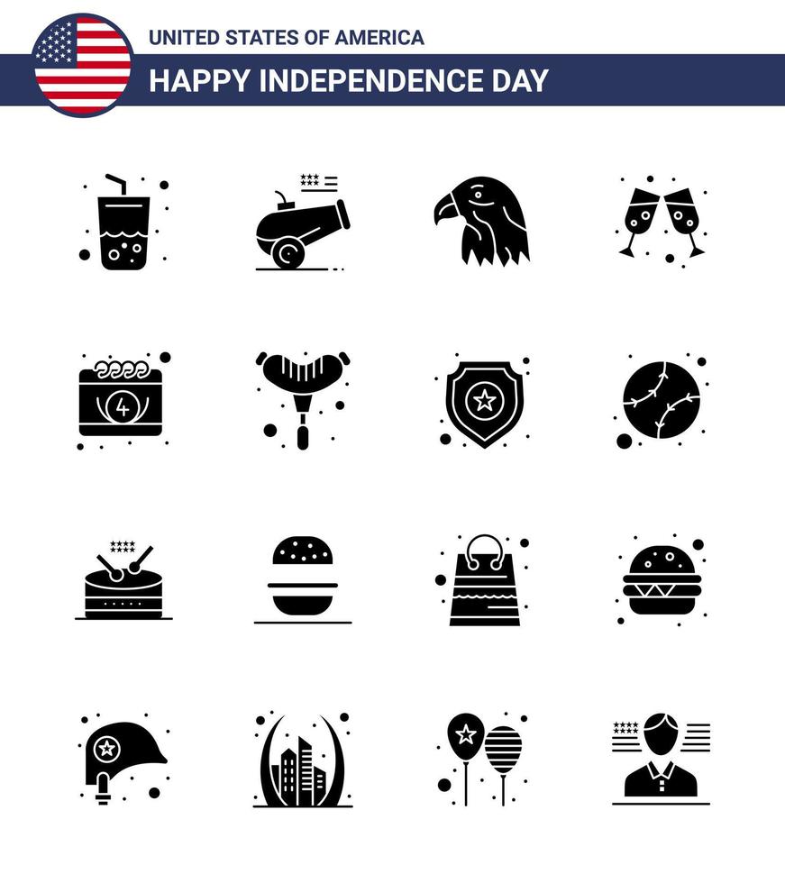 16 usa solide glyphe pack de signes et symboles de la fête de l'indépendance de la date animal américain verre à vin bière modifiable usa day vector design elements