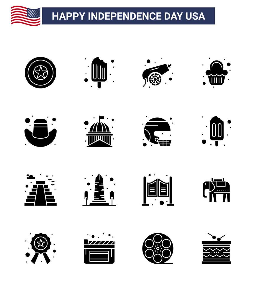 16 usa pack de glyphes solides de signes et symboles de la fête de l'indépendance de la célébration de la casquette gâteau sucré de l'armée éléments de conception vectoriels modifiables vecteur