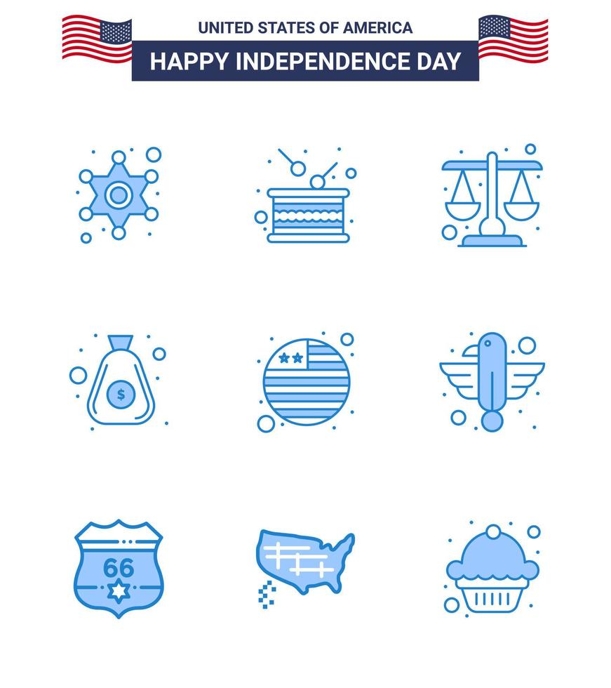 ensemble de 9 pack de blues moderne le jour de l'indépendance des états-unis pays sac indépendance argent échelle modifiable usa day vector design elements