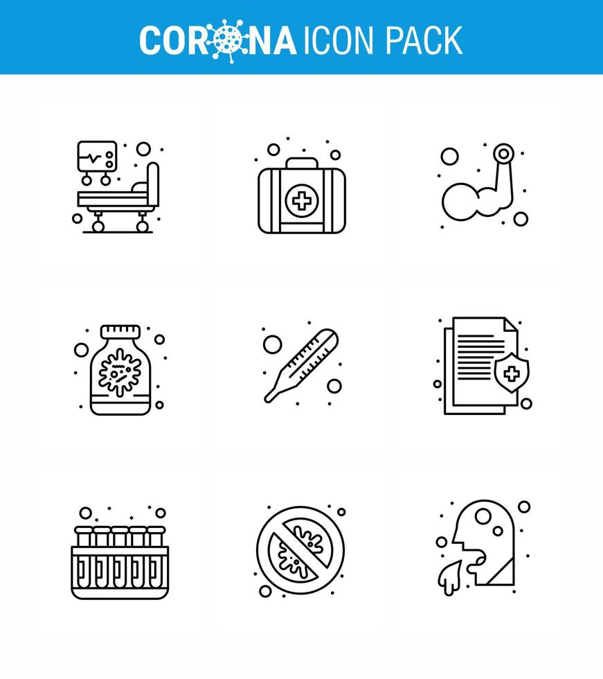 ensemble d'icônes covid19 pour infographie pack de 9 lignes telles que thermomètre fièvre main bouteille capsule coronavirus viral 2019nov éléments de conception de vecteur de maladie