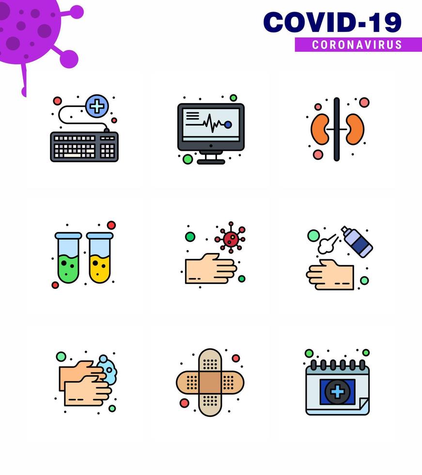 coronavirus 9 ligne remplie icône de couleur plate sur le thème de l'épidémie corona contient des icônes telles que les mains bactéries test sanguin de laboratoire humain coronavirus viral 2019nov éléments de conception de vecteur de maladie