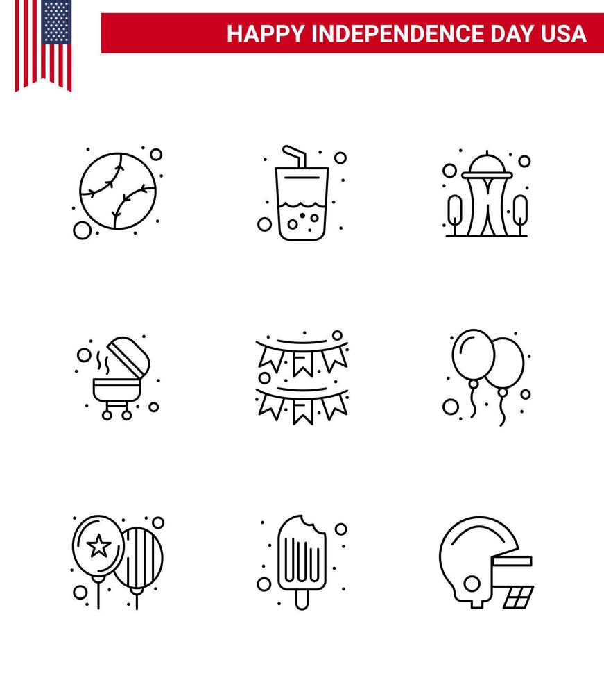 joyeux jour de l'indépendance usa pack de 9 lignes créatives de décoration bâtiment américain grill barbecue modifiable usa day vector design elements