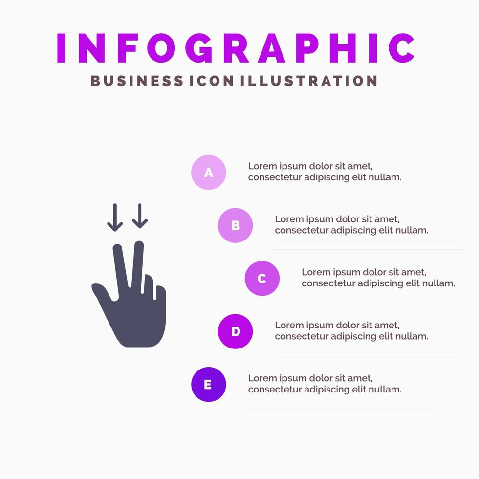 geste des doigts vers le bas icône solide infographie 5 étapes fond de présentation vecteur