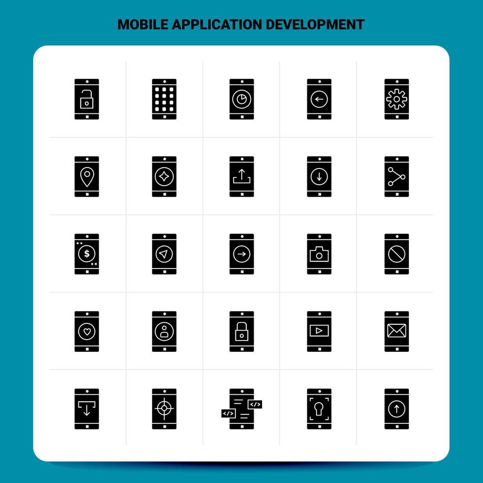 ensemble d'icônes de développement d'applications mobiles solides 25 ensemble d'icônes noires de conception de style glyphe vectoriel ensemble d'idées d'affaires web et mobiles illustration vectorielle de conception