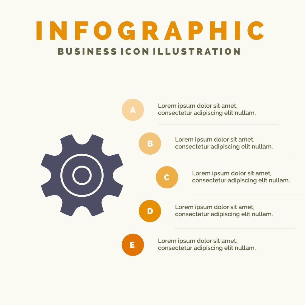 pignons engrenage roue de réglage solide icône infographie 5 étapes présentation arrière-plan vecteur