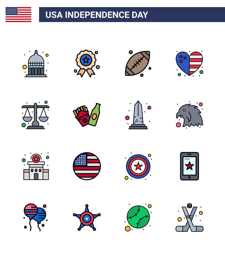 ensemble de 16 lignes modernes à plat sur le jour de l'indépendance des états-unis justice usa ball flag heart modifiable usa day vector design elements