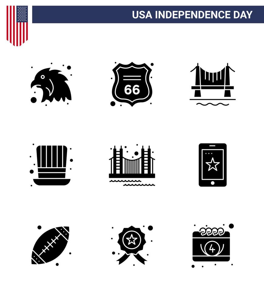 pack de 9 signes de glyphes solides de célébration de la fête de l'indépendance des états-unis et symboles du 4 juillet tels que le pont d'or bâtiment usa chapeau modifiable éléments de conception vectorielle de la journée des états-unis vecteur