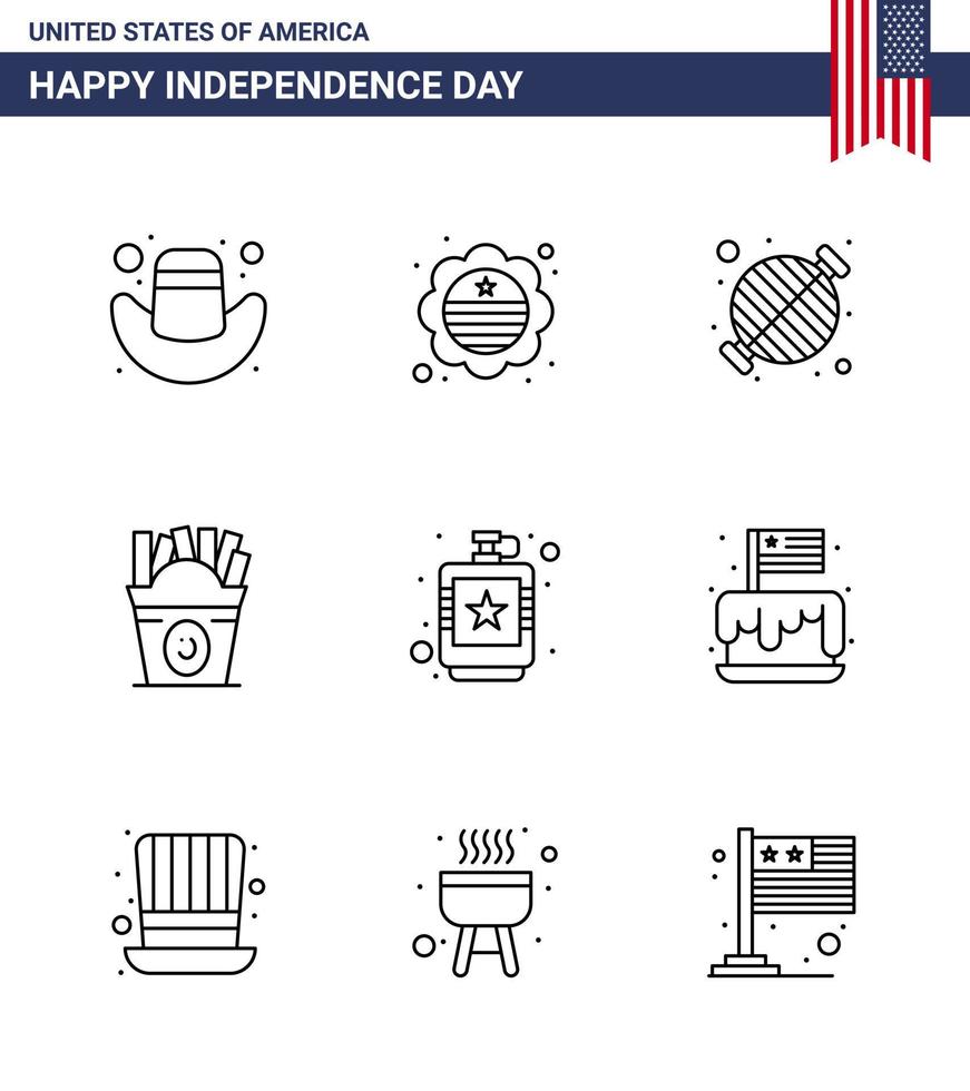 ensemble de 9 lignes vectorielles le 4 juillet fête de l'indépendance des états-unis comme boire usa barbecue nourriture frise modifiable usa day vector design elements