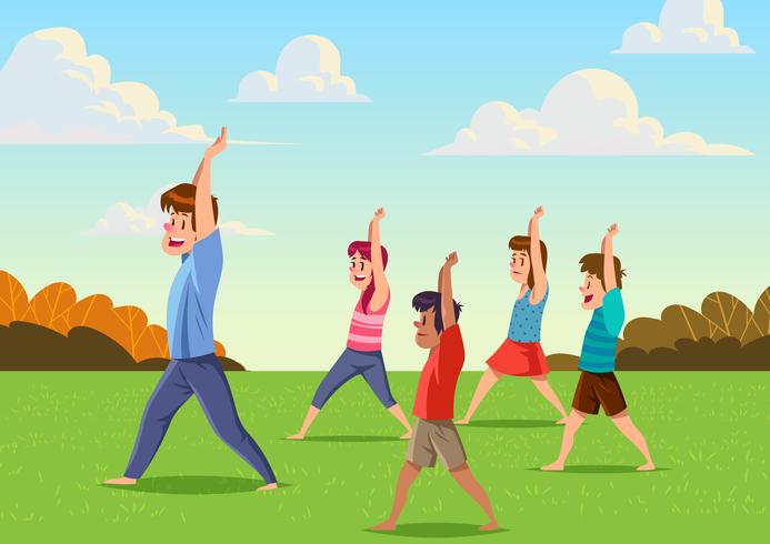 Cours de yoga pour enfants en plein air vecteur