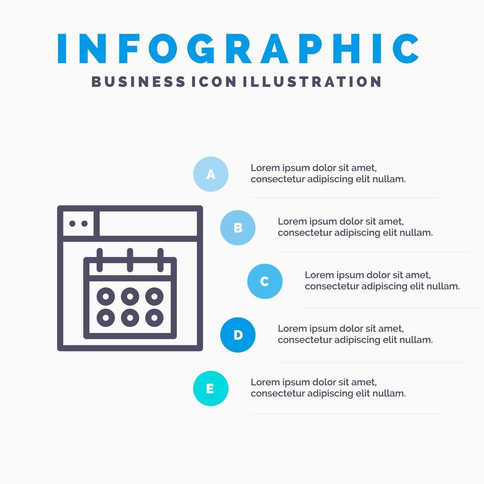 icône de ligne de date de calendrier de conception web avec fond d'infographie de présentation en 5 étapes vecteur