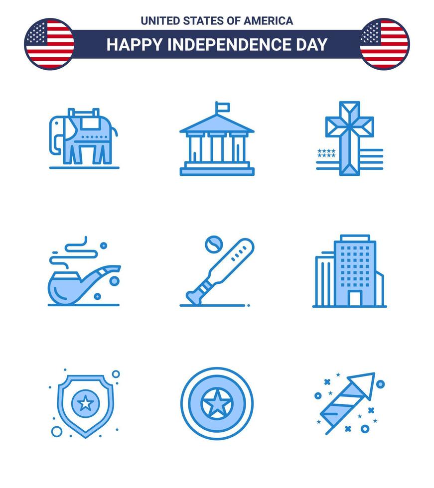 pack de 9 signes de blues de célébration de la fête de l'indépendance des états-unis et symboles du 4 juillet tels que usa bat cross baseball st modifiable usa day vector design elements