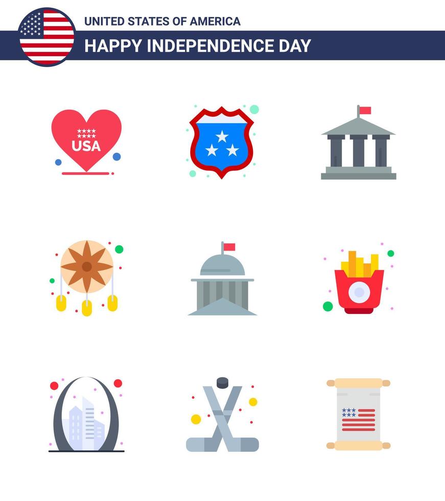 joyeux jour de l'indépendance 4 juillet ensemble de 9 appartements pictogramme américain du drapeau western bank dream catcher parure modifiable usa day vector design elements