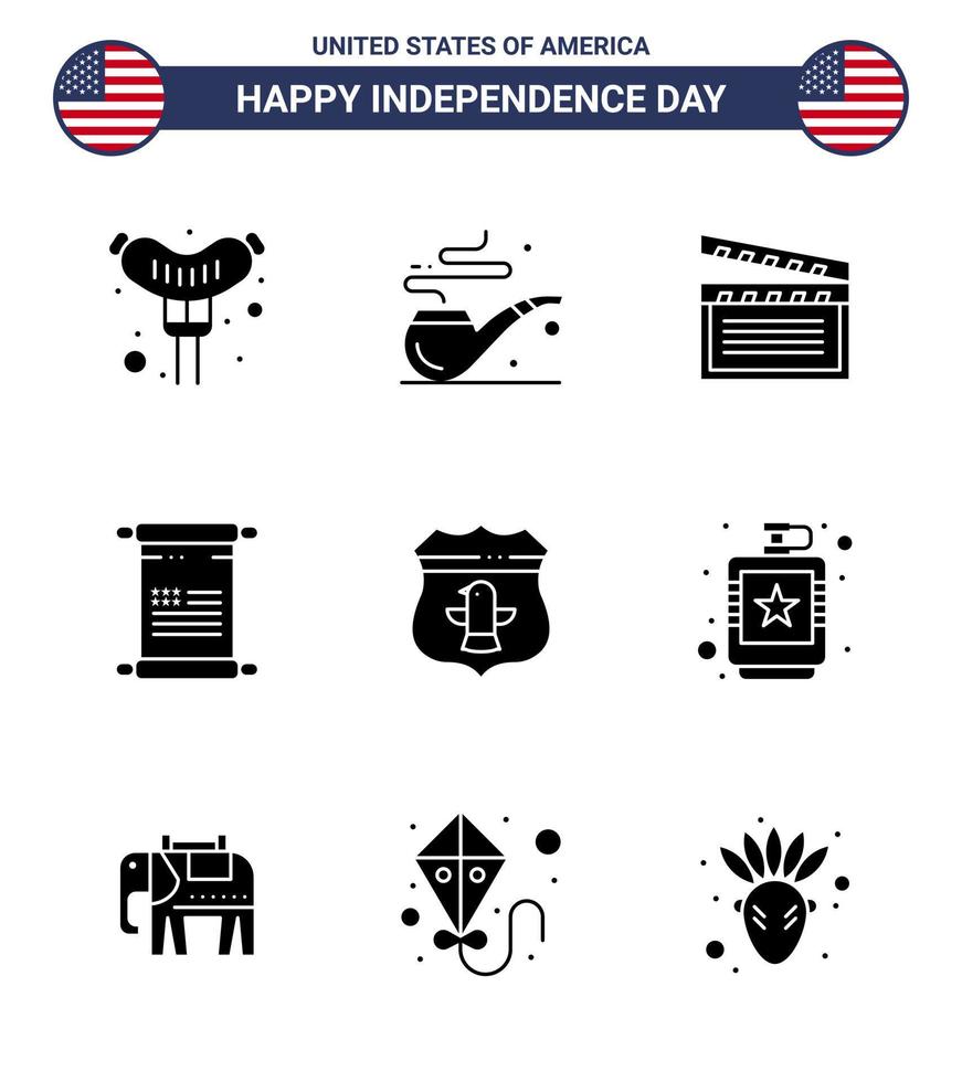 groupe de 9 glyphes solides définis pour le jour de l'indépendance des états-unis d'amérique tels que la sécurité usa vidéo bouclier américain modifiable usa day vector design elements