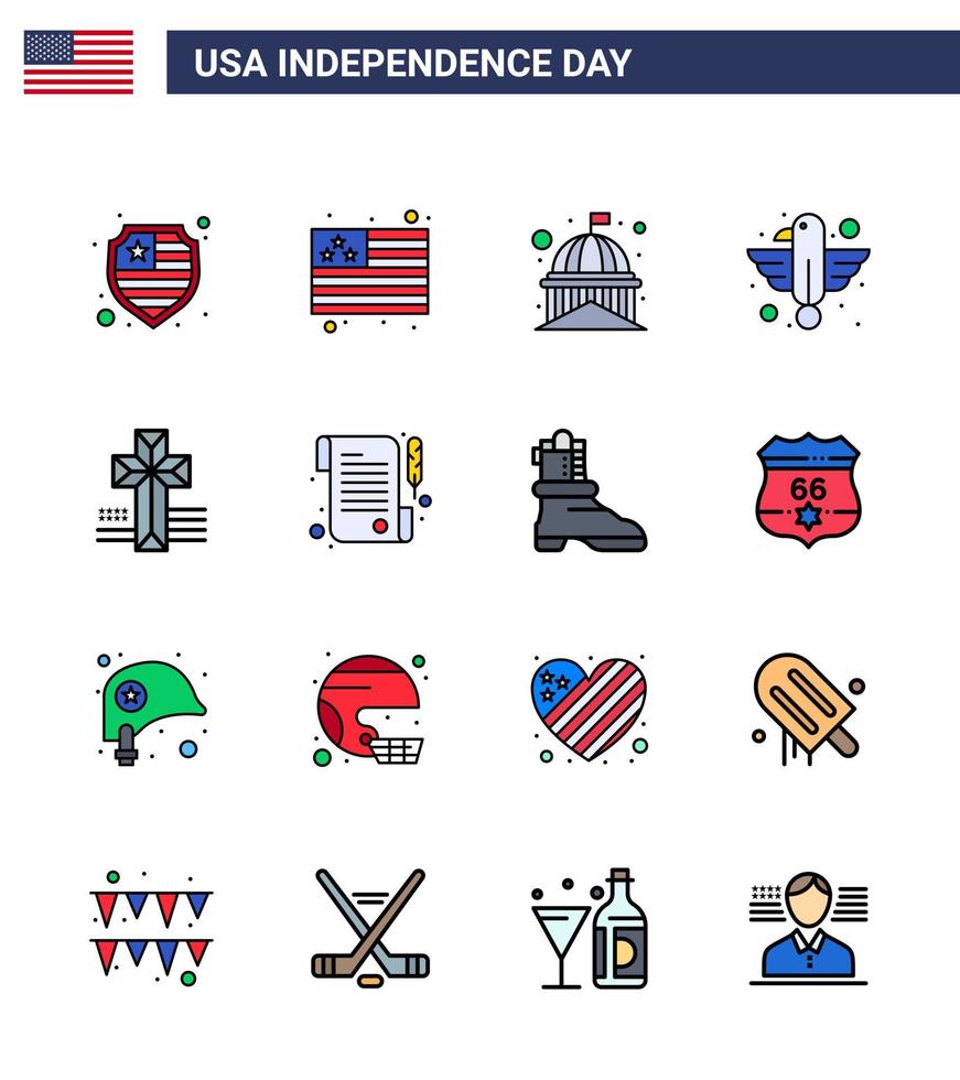 usa joyeux jour de l'indépendancepictogramme ensemble de 16 lignes simples remplies à plat d'éléments de conception vectoriels de l'aigle de point de repère de l'état croisé modifiables vecteur