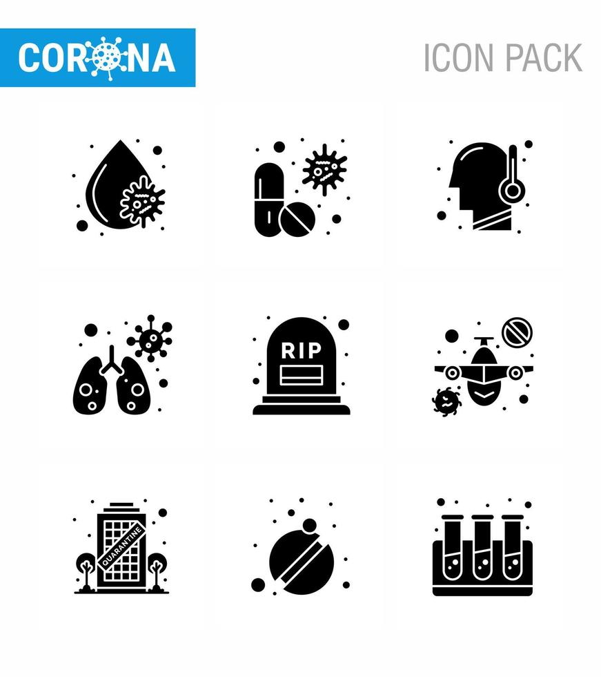 9 pack d'icônes de covid19 de coronavirus noir de glyphe solide tel que compter l'anatomie de la pilule nourrie fièvre coronavirus viral 2019nov éléments de conception de vecteur de maladie