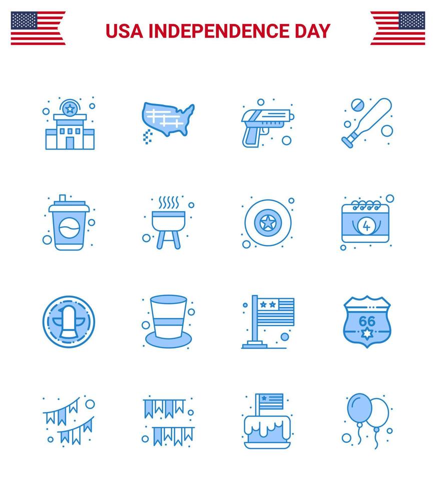 joyeux jour de l'indépendance usa pack de 16 blues créatifs de bouteille de boisson pistolet hardball baseball modifiable usa day vector design elements