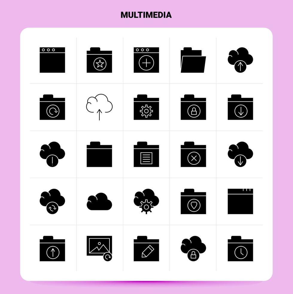 ensemble d'icônes multimédia solide 25 conception de style glyphe vectoriel icônes noires définies illustration vectorielle de conception d'idées d'affaires web et mobile