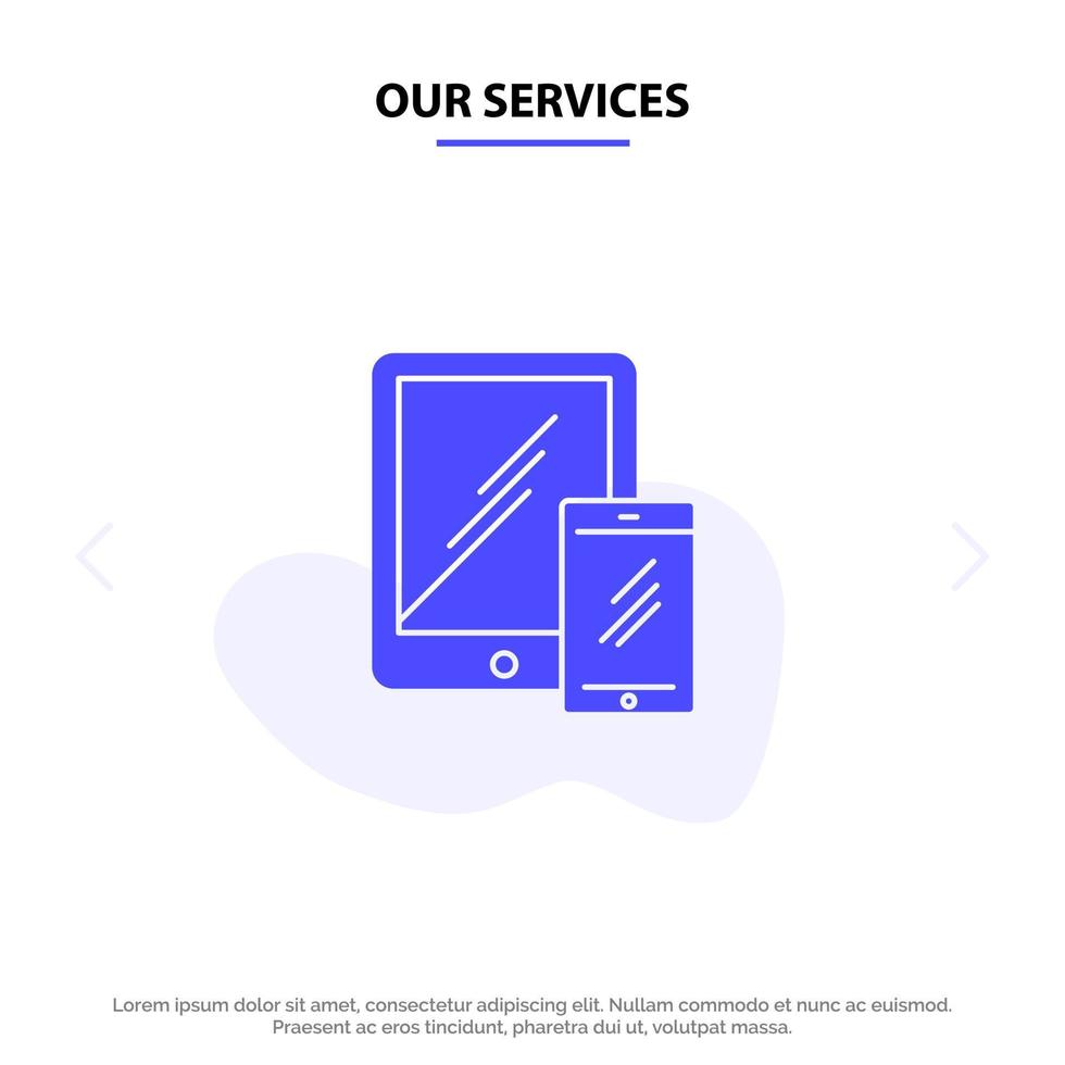 nos services smartphone entreprise mobile tablette téléphone solide glyphe icône modèle de carte web vecteur