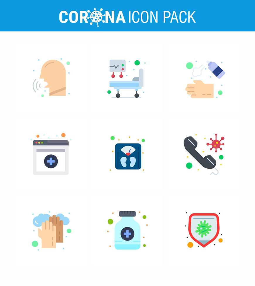 icônes de sensibilisation au coronavirus 9 icône de couleur plate virus corona lié à la grippe tels que les services d'échelle pulvérisation à main lavage en ligne coronavirus viral 2019nov éléments de conception de vecteur de maladie