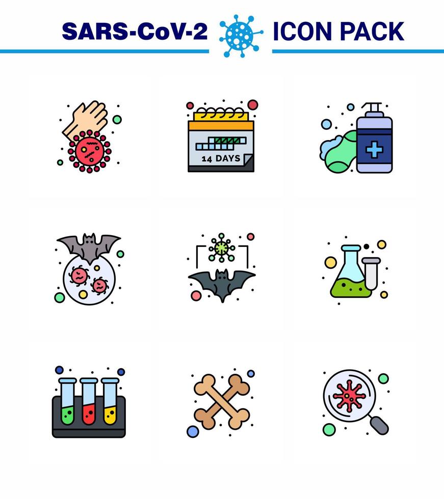covid19 protection coronavirus pendamic 9 ligne remplie jeu d'icônes de couleur plate comme le savon du virus de la chauve-souris corona chauve-souris coronavirus viral 2019nov éléments de conception de vecteur de maladie