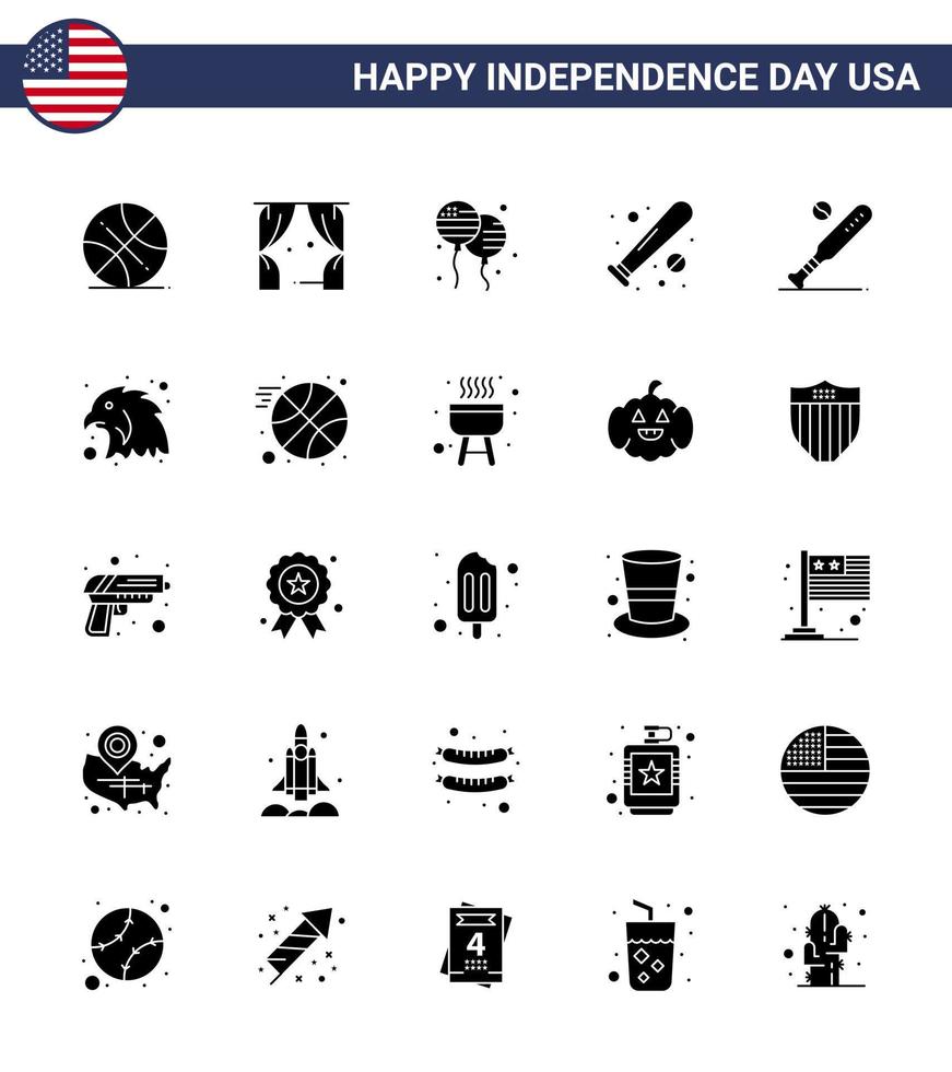 pack de 25 signes de glyphes solides de célébration de la fête de l'indépendance des états-unis et symboles du 4 juillet tels que les sports d'animaux bloon bat ball modifiables usa day vector design elements