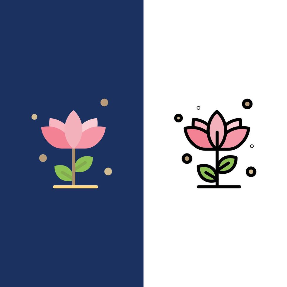 flore floral fleur nature rose icônes plat et ligne remplie icône ensemble vecteur fond bleu
