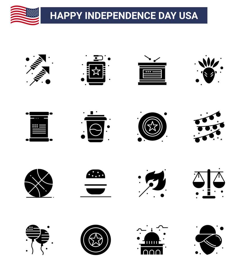 joyeux jour de l'indépendance 16 pack d'icônes de glyphes solides pour le web et le texte d'impression thanksgiving liquide amérindien jour de l'indépendance modifiable usa day vector design elements