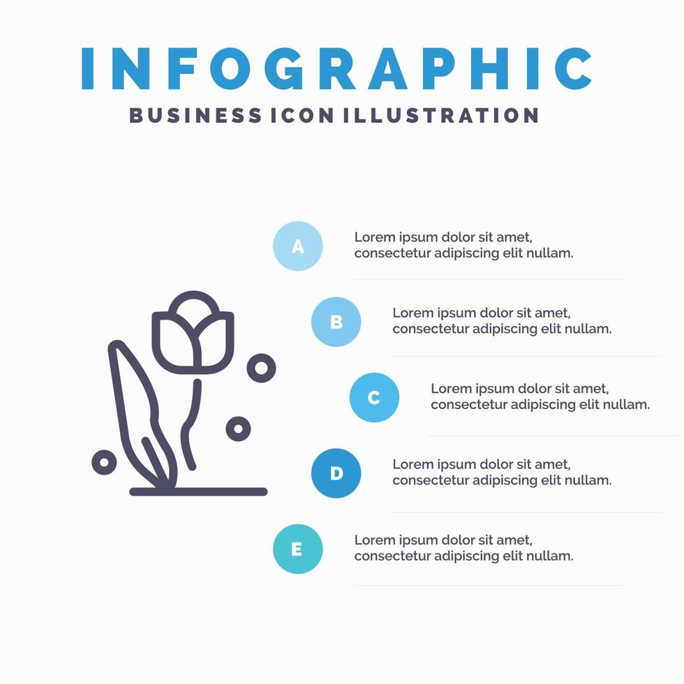 flore floral fleur nature rose ligne icône avec 5 étapes présentation infographie fond vecteur