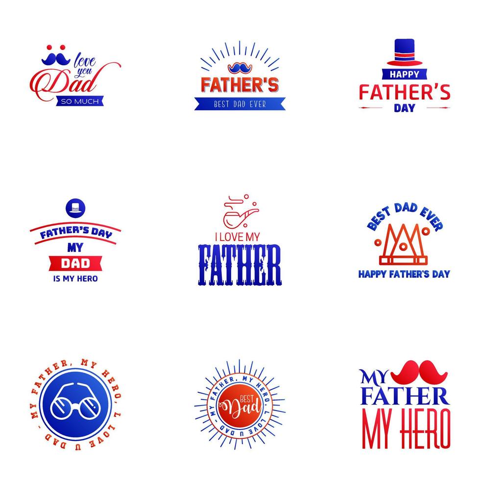 9 bleu et rouge ensemble d'icônes vintage typographie fête des pères heureux vecteur lettrage pour cartes de voeux bannières conception de t-shirt fête des pères éléments de conception vectoriels modifiables