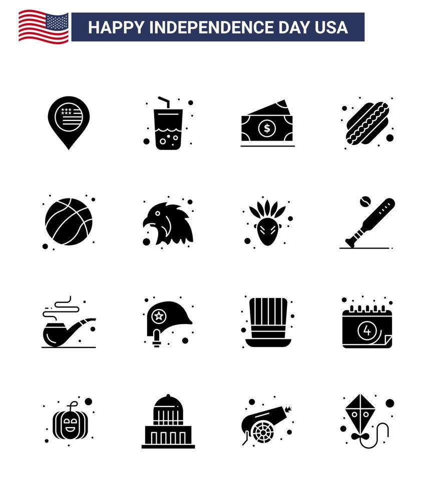 ensemble de 16 pack de glyphes solides modernes sur le jour de l'indépendance des états-unis football américain dollar états américains modifiables usa day vector design elements