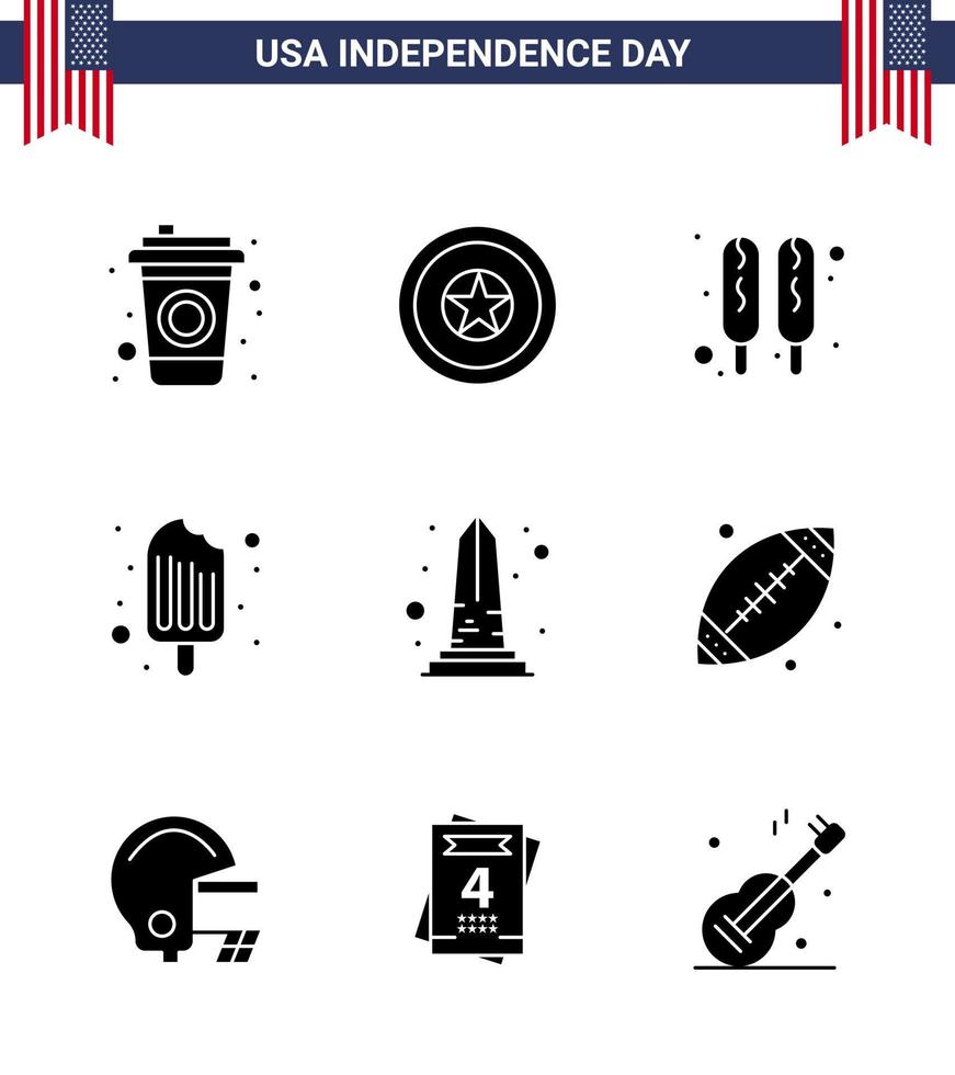 joyeux jour de l'indépendance 4 juillet ensemble de 9 glyphes solides pictogramme américain des états-unis monument hot dog point de repère nourriture modifiable usa day vector design elements