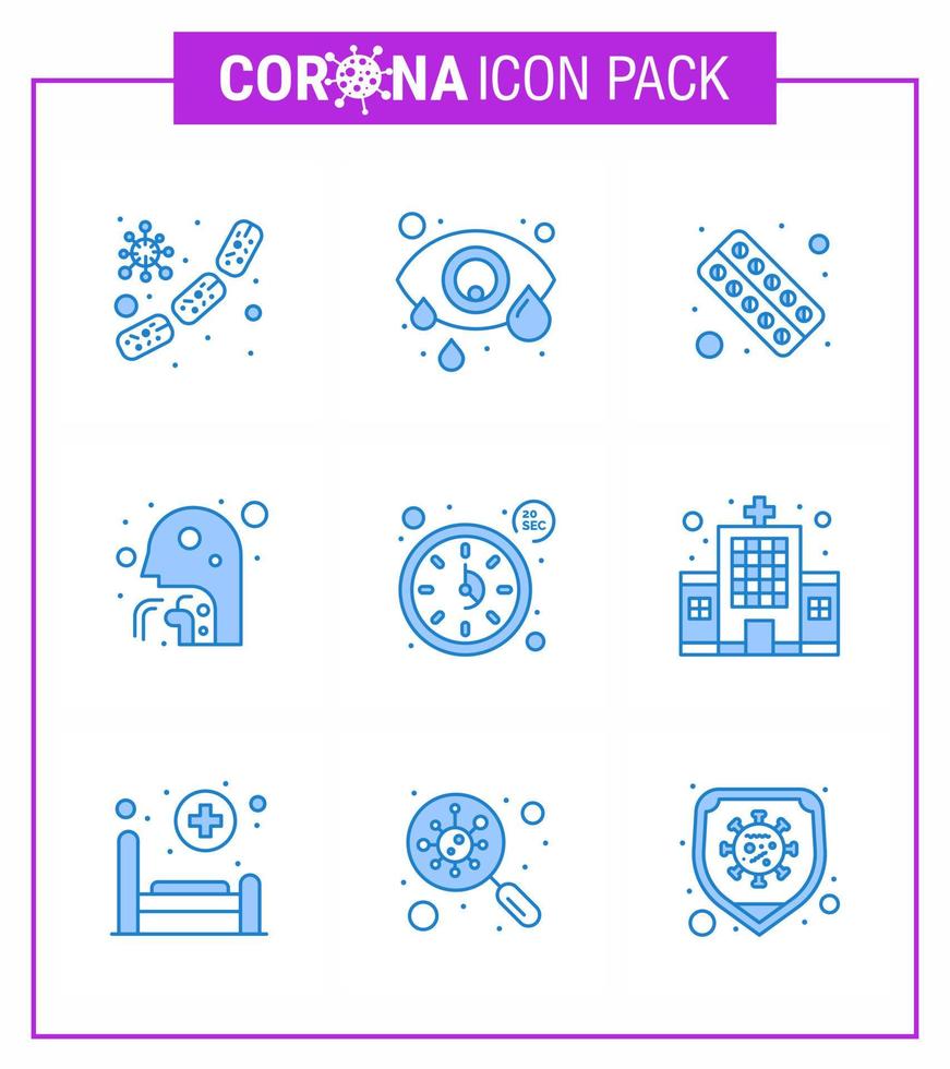 25 ensemble d'icônes d'urgence de coronavirus conception bleue telle que la toux de l'homme œil humain tablette santé coronavirus viral 2019nov éléments de conception de vecteur de maladie