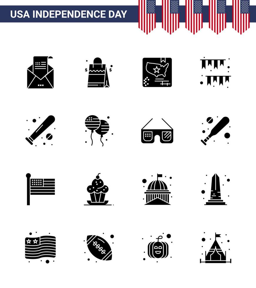 pack de glyphes solides vectoriels modifiables de la journée des états-unis 16 glyphes solides simples de banderoles de fête monde de guirlande américaine éléments de conception vectoriels modifiables de la journée des états-unis vecteur