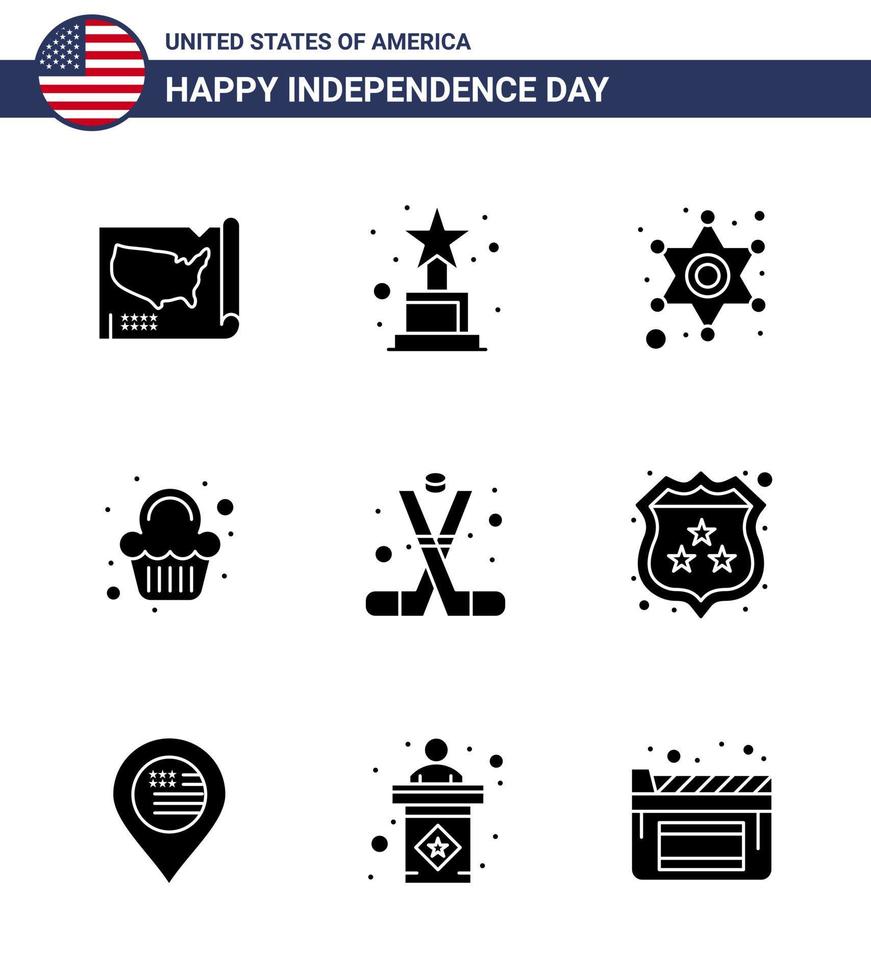 ensemble de 9 glyphes solides vectoriels le 4 juillet fête de l'indépendance des états-unis tels que la fête de célébration de la police de hockey sportif éléments de conception vectoriels modifiables de la journée des états-unis vecteur