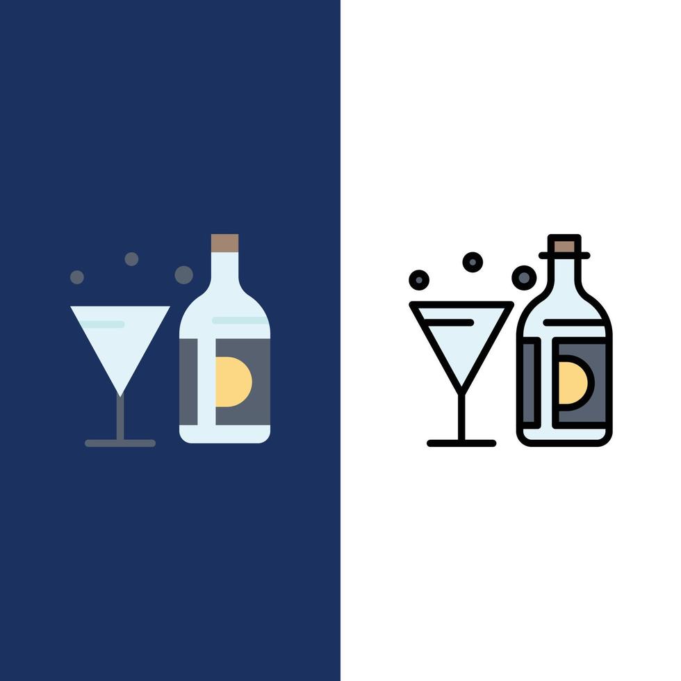 boire du vin américain bouteille verre icônes plat et ligne remplie icône ensemble vecteur fond bleu