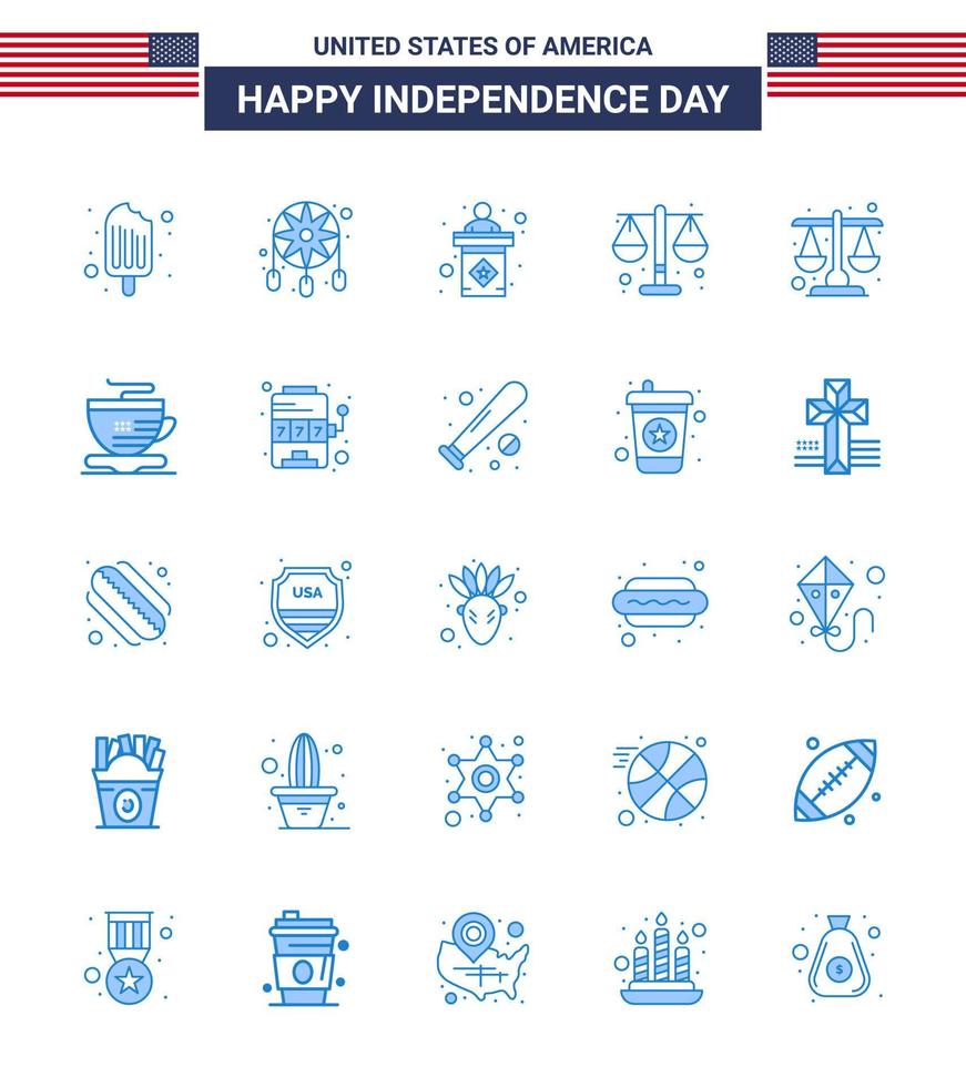 pack bleu de 25 symboles de la fête de l'indépendance des états-unis de l'échelle de la coupe usa law court modifiable usa day vector design elements