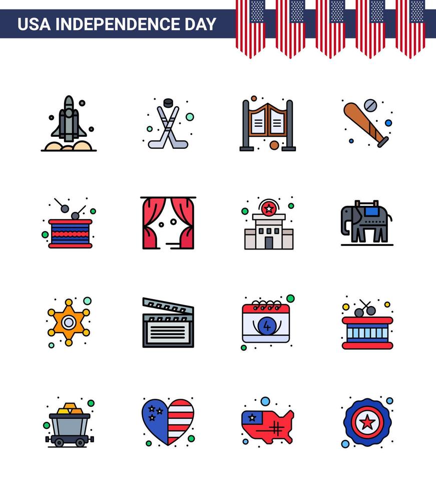 joyeux jour de l'indépendance pack de 16 lignes remplies à plat signes et symboles pour usa bat sport baseball western modifiable usa day vector design elements