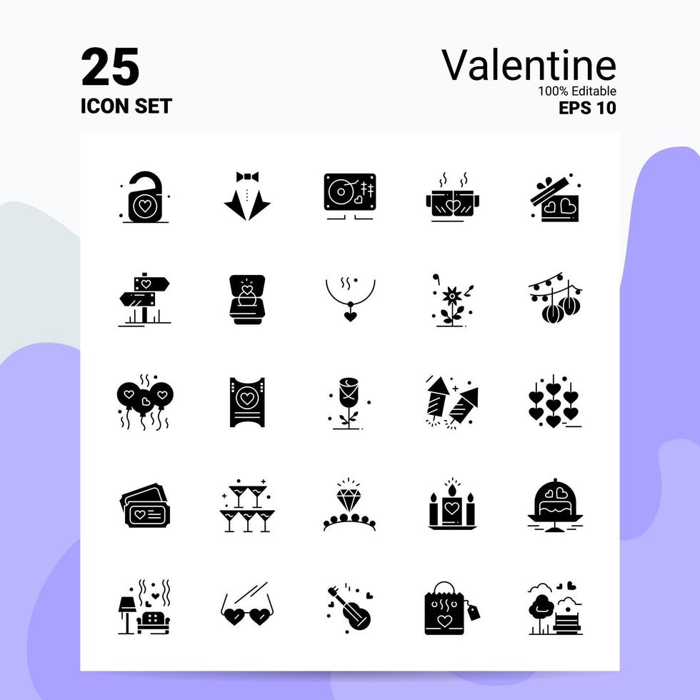 25 jeu d'icônes de la saint-valentin 100 fichiers eps 10 modifiables idées de concept de logo d'entreprise conception d'icône de glyphe solide vecteur