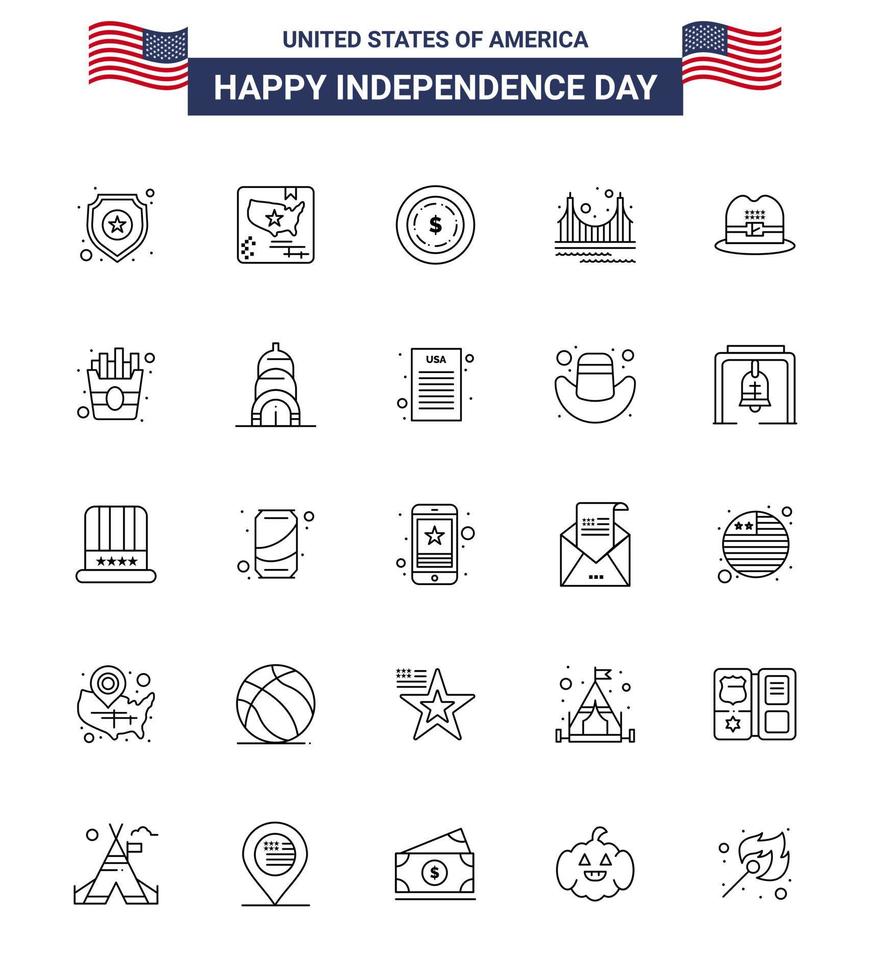 joyeux jour de l'indépendance usa pack de 25 lignes créatives de cap tourisme américain point de repère porte modifiable usa day vector design elements