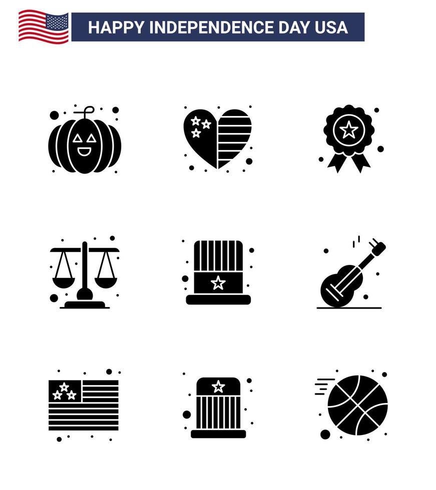 9 usa pack de glyphes solides de signes et symboles de la fête de l'indépendance du chapeau échelle de l'indépendance américaine justice modifiable usa day vector design elements