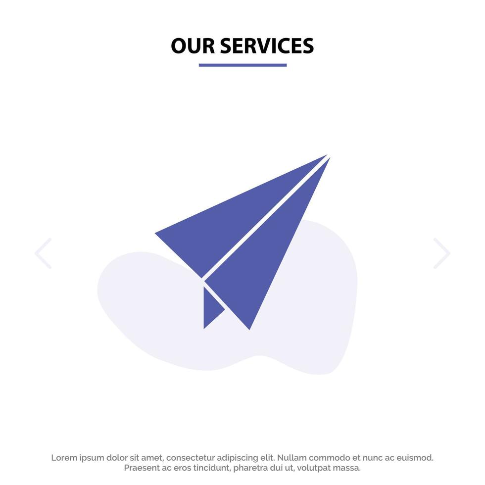nos services papier avion en papier avion solide glyphe icône modèle de carte web vecteur