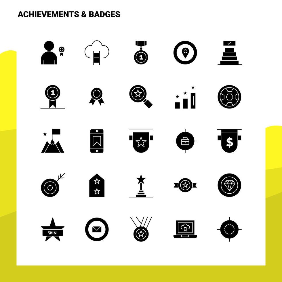 25 réalisations badges jeu d'icônes solide glyphe icône illustration vectorielle modèle pour le web et les idées mobiles pour l'entreprise vecteur