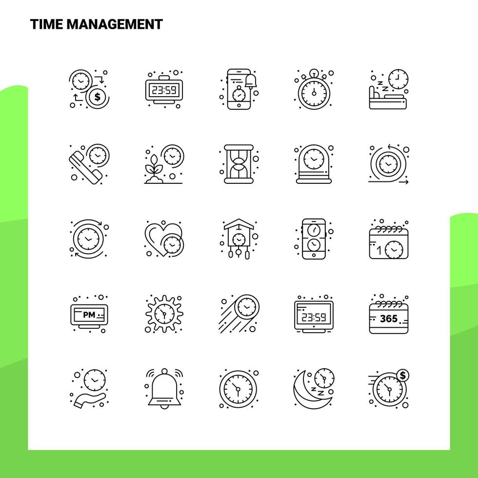 ensemble d'icônes de ligne de gestion du temps ensemble 25 icônes conception de style minimalisme vectoriel icônes noires ensemble pack de pictogrammes linéaires