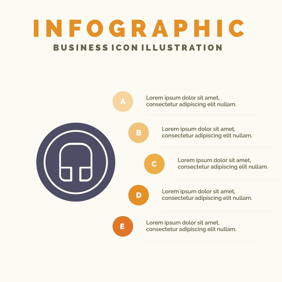 écouteur casque interface utilisateur de base solide icône infographie 5 étapes présentation arrière-plan vecteur