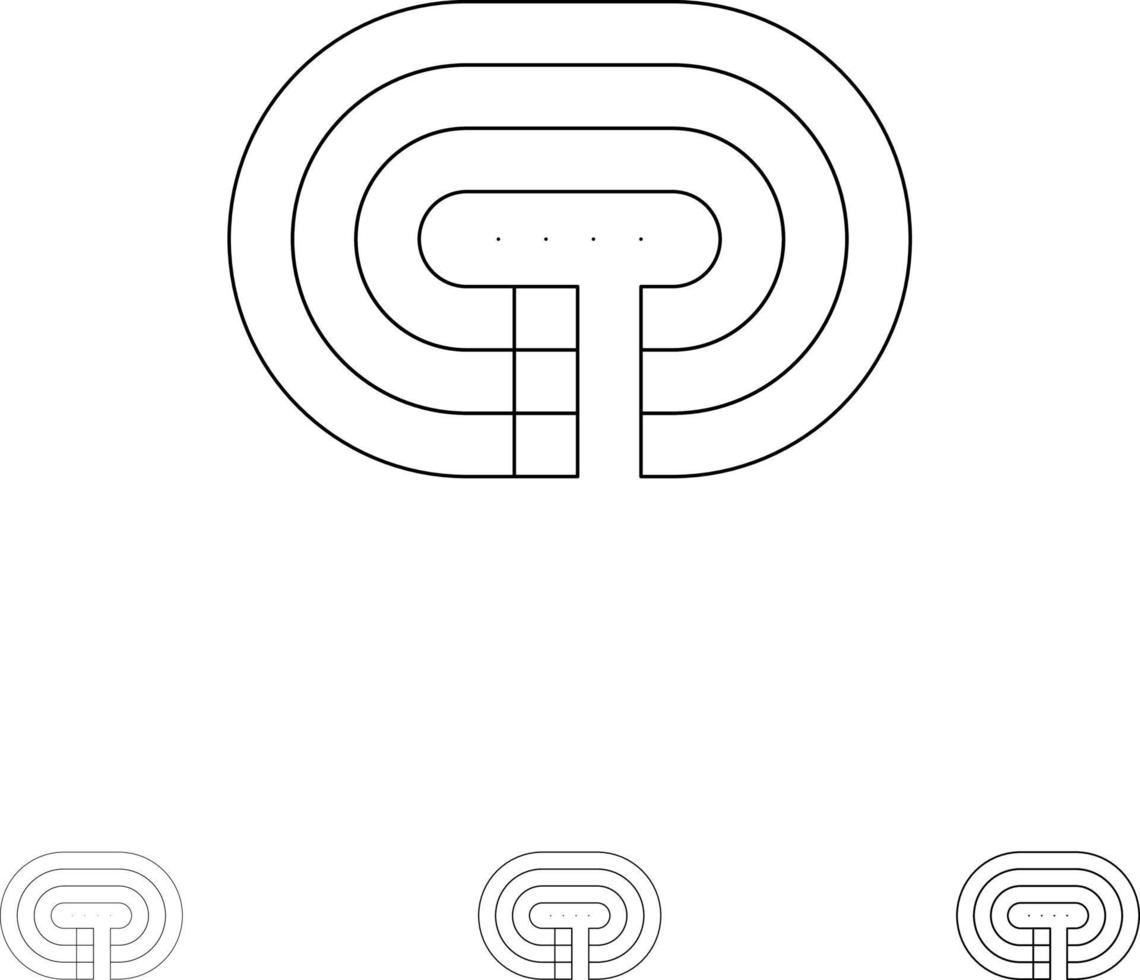 jeu d'icônes de ligne noire audacieuse et fine de piste de surface de stade en cours d'exécution vecteur