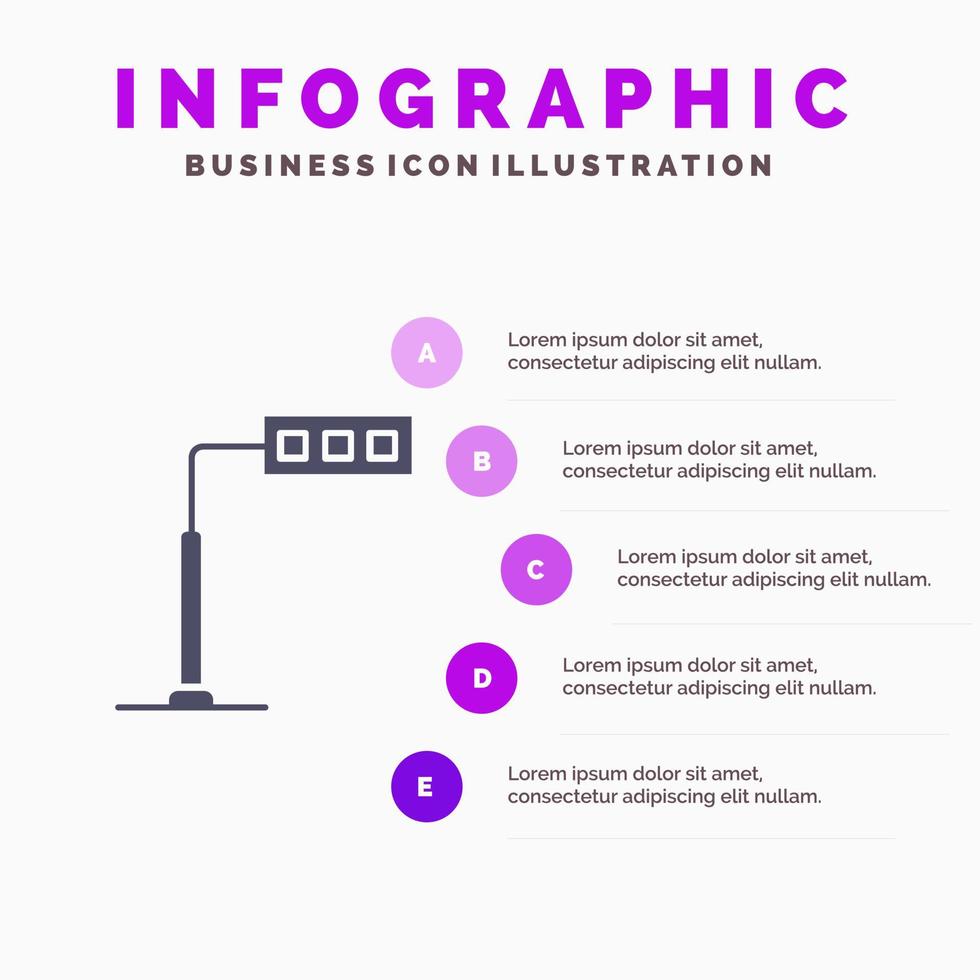 construction lumière tour route solide icône infographie 5 étapes présentation fond vecteur