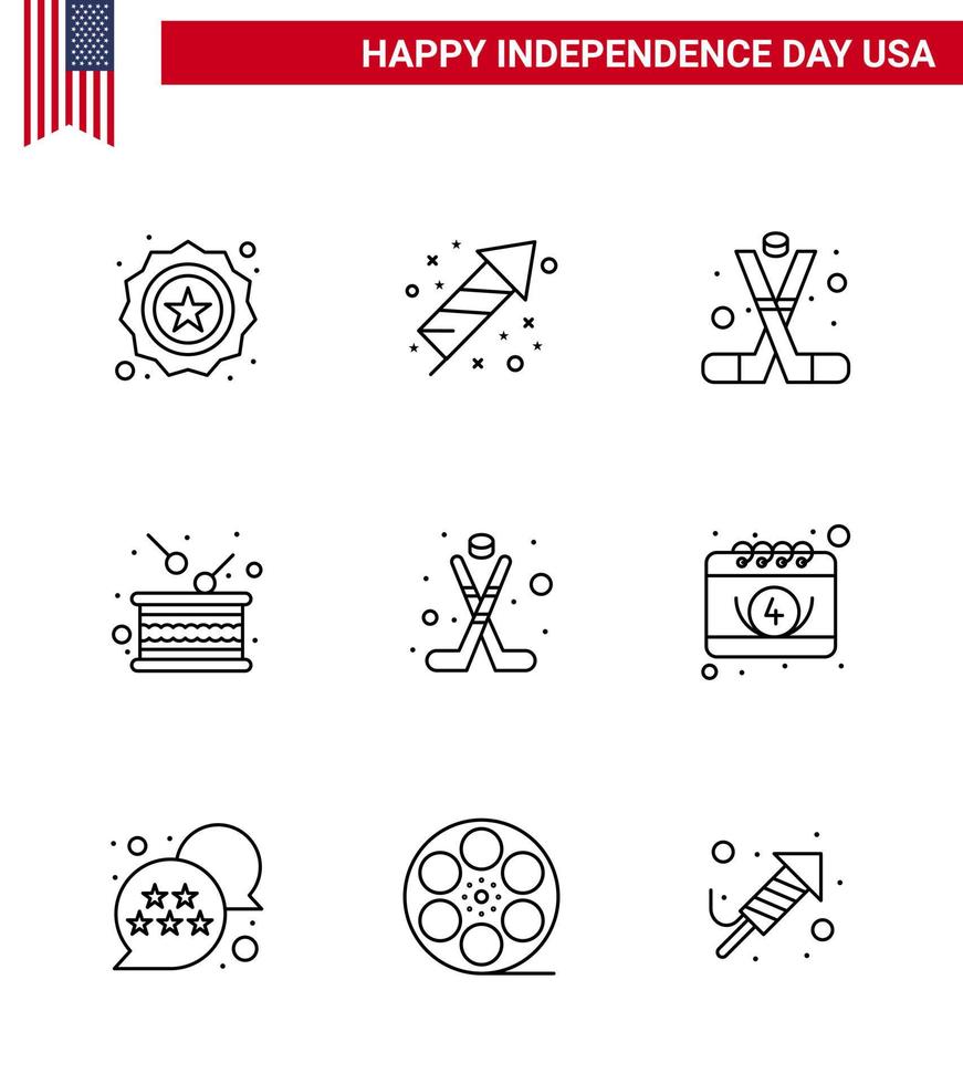 joyeux jour de l'indépendance 4 juillet ensemble de 9 lignes pictogramme américain de l'indépendance vacances hockey tambour amérique modifiable usa day vector design elements