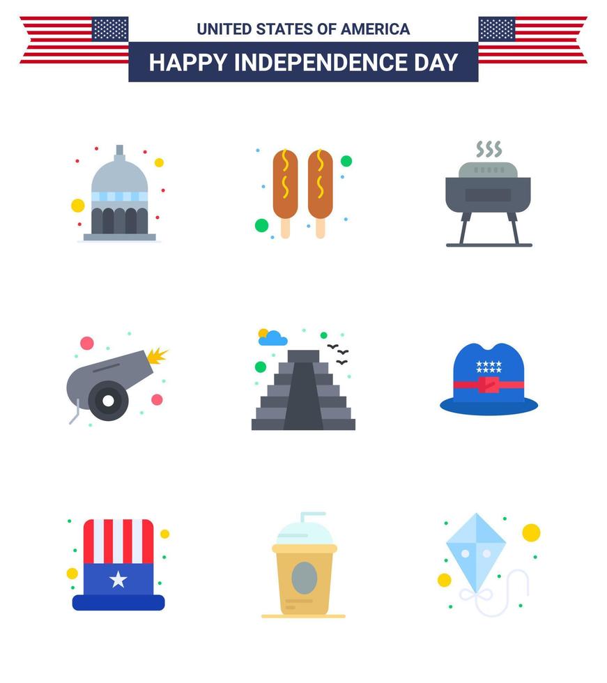 pack de 9 signes d'appartements de célébration de la fête de l'indépendance des états-unis et symboles du 4 juillet tels que l'arme de célébration américaine historique canon modifiable usa day vector design elements