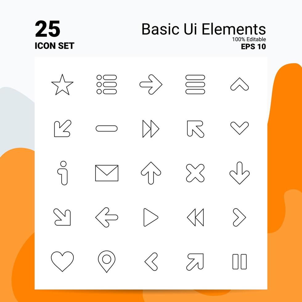 25 éléments d'interface utilisateur de base jeu d'icônes 100 fichiers eps modifiables 10 idées de concept de logo d'entreprise conception d'icône de ligne vecteur